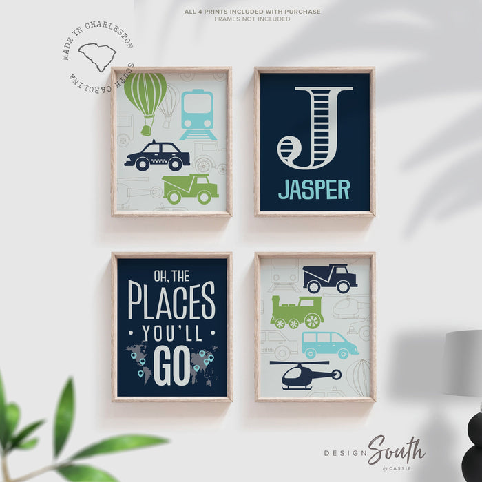 Transportation nursery decor, blue, green, aqua, oh the places you'll go, personalized print, name, transportation prints, helicopter, train