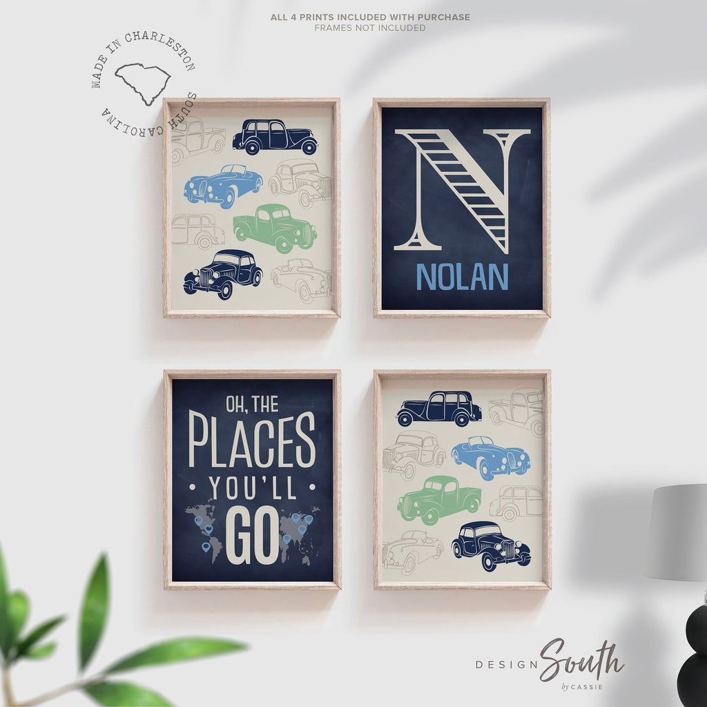 Boys room car theme green and blue, big boy bedroom ideas, boys personalized car art, wall art for boys cars, vintage cars trucks blue green