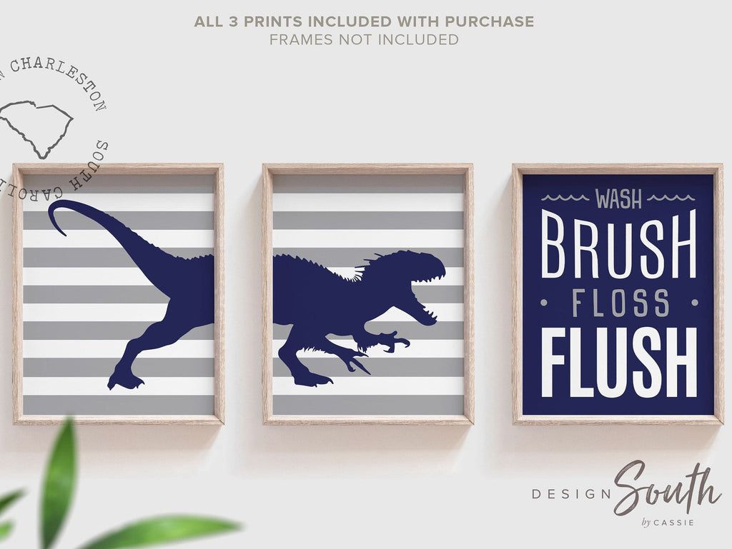 Boys bathroom navy blue and gray, boys blue and gray dinosaur prints, dinosaur bathroom theme, wash brush floss flush dinosaur, kid dinosaur