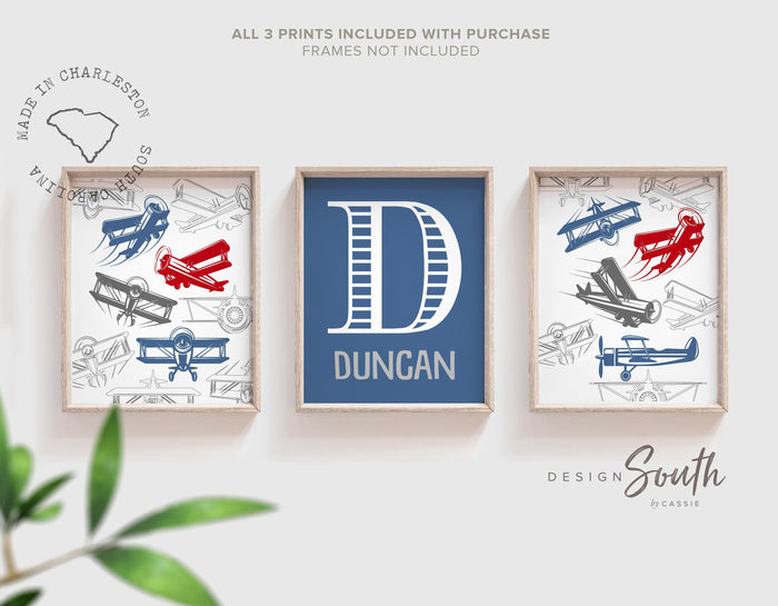 Blue and red airplane aviation flight nursery wall art, airplane baby decor, planes boy nursery, flying planes boys bedroom red and blue kid