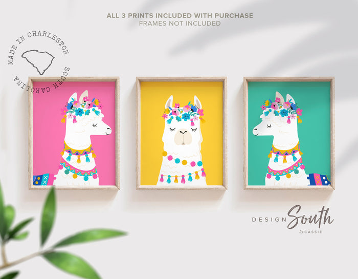 Pink yellow teal girls room decor, llama baby girl theme wall art, colorful pastel room, playroom wall art little girl toddler, pink teal