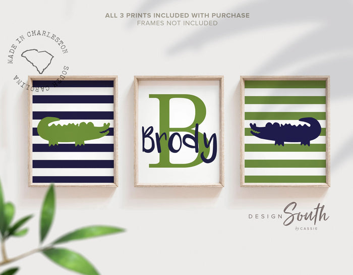 Alligator Nursery Decor — Moss & Navy Monogram Prints, Set of 3