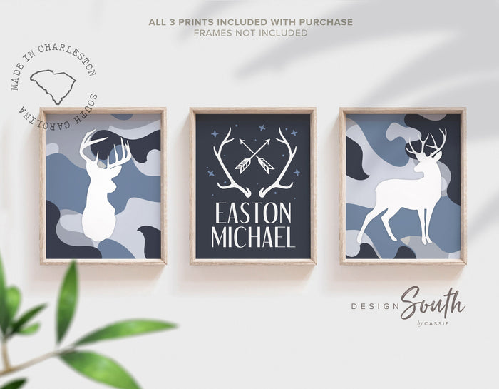 Blue camo boys deer themed room wall art, blue deer boys bedroom decor, boys deer blue and navy, custom deer gift baby boy, deer baby shower