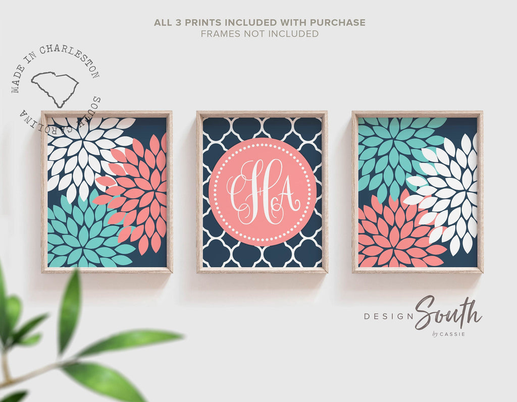Teal coral girls room decor, nursery ideas baby girl, monogram nursery art, navy and coral, floral newborn baby gift for girl, shower gift