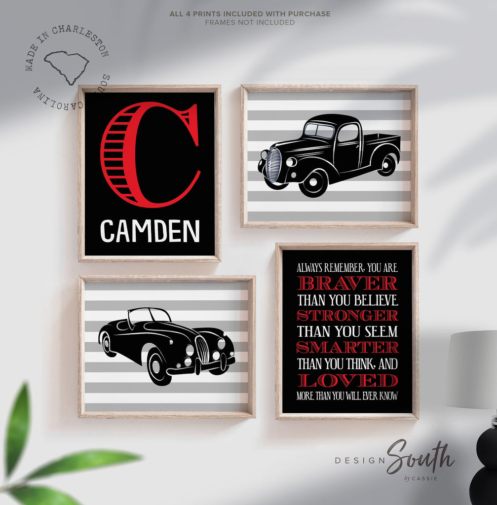 Red and black boys car truck wall art, cars wall art, car truck decor, personalized boys art red black car truck, vintage cars nursery decor