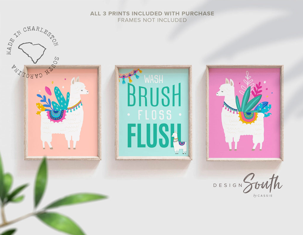 Kids llama bathroom, brush flush childrens bathroom art print, boy/girl llama bathroom, toddler bathroom art llama alpaca cactus theme decor