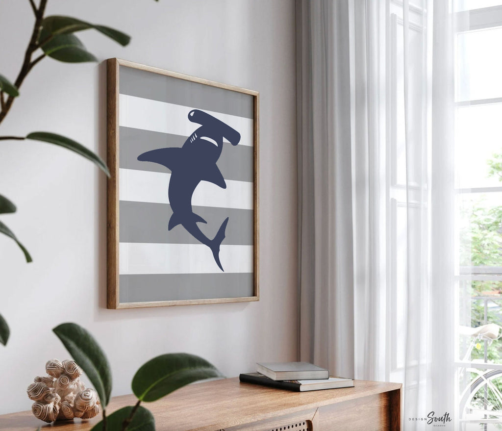 Navy blue gray shark decor, brothers shared room wall art, brother decor boys shark themed nursery, boys playroom bedroom shark wall decor
