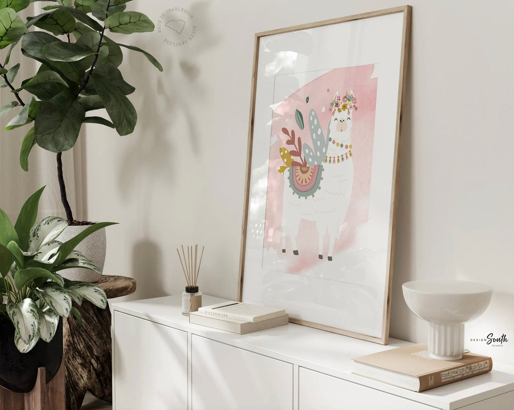 Boho nursery decor, boho nursery wall art idea, print set llama mauve pink succulents, llama themed baby room, wall decor girl bedroom llama