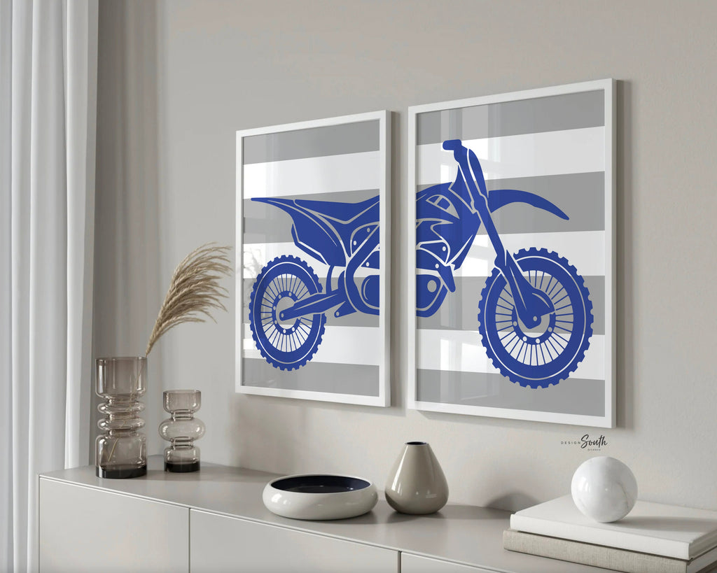 Boys cobalt blue and gray bedroom dirt bike theme, boys cobalt blue gray big boy bedroom, modern kids room dirt bikes, blue gray motocross