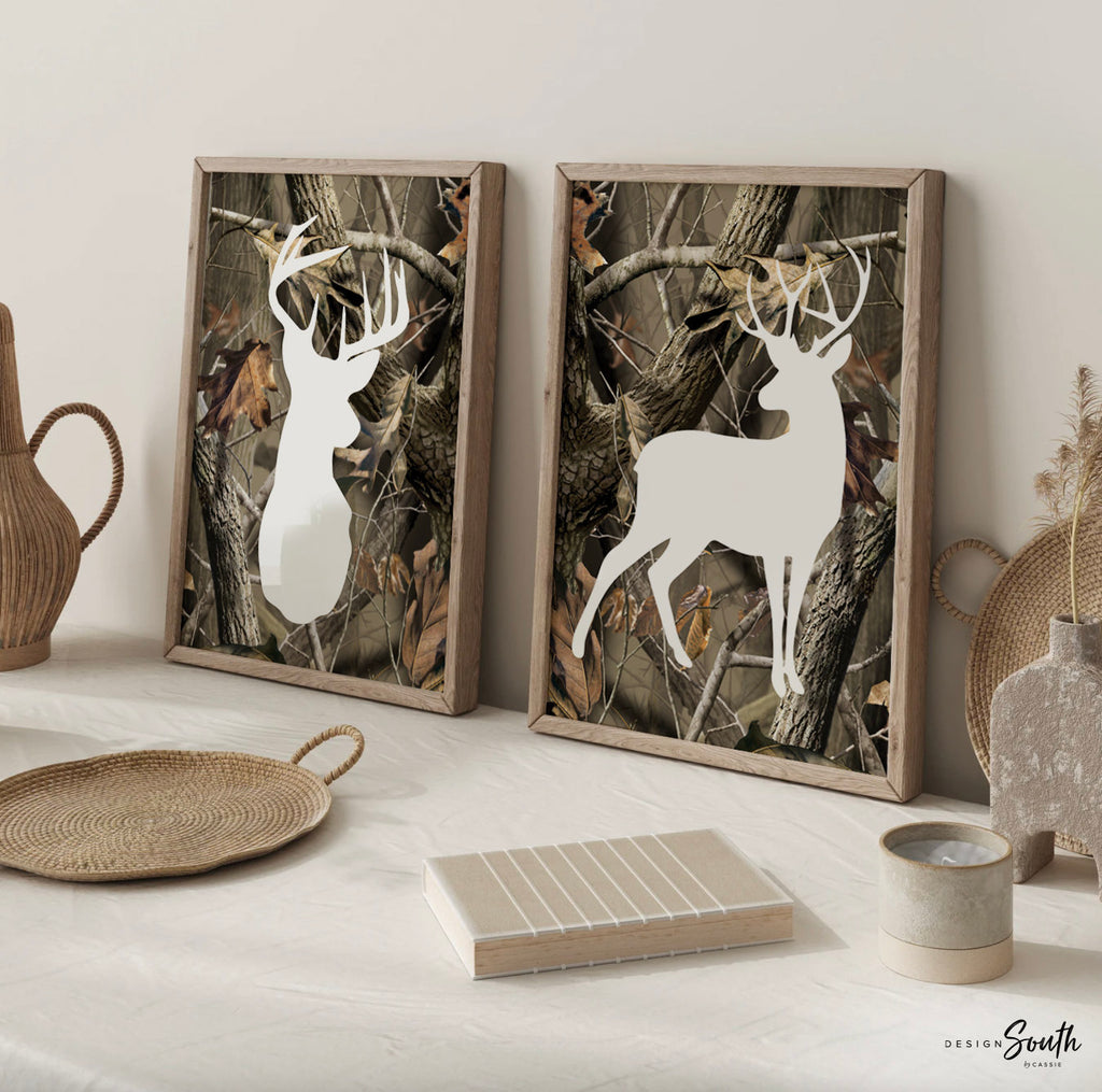 White-tailed deer, kids room art, realtree camo, nature nursery, big boy hunter art, deer woodland, hunting nursery, deer nursery set prints
