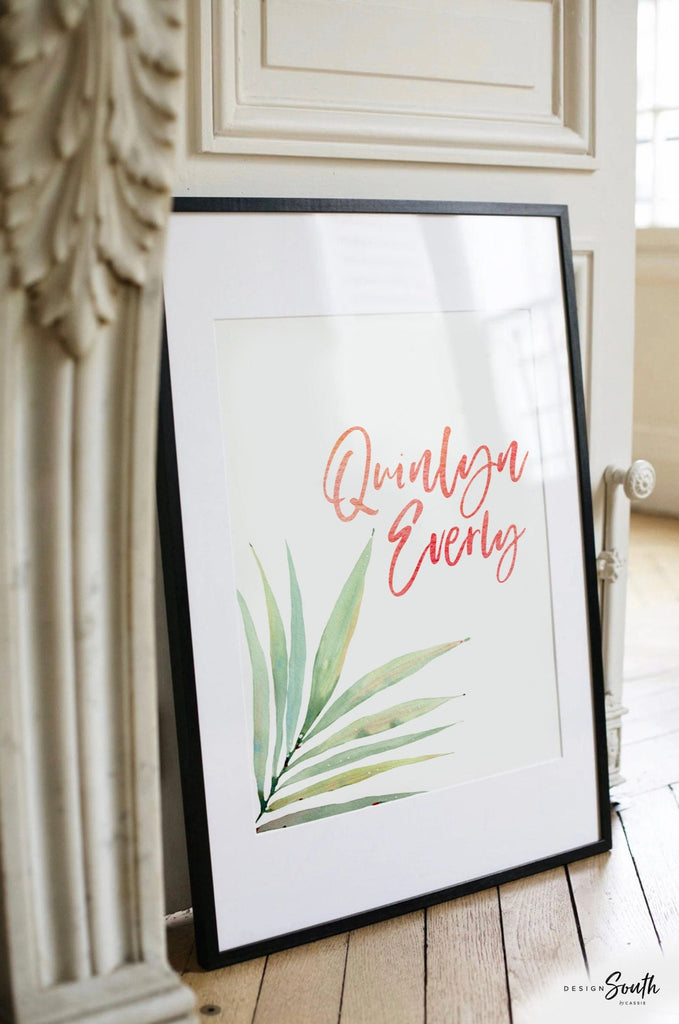 Pink and green nursery art, pink green nursery decor baby name personalized, flamingo girls name, custom girl sign tropical nursery themed