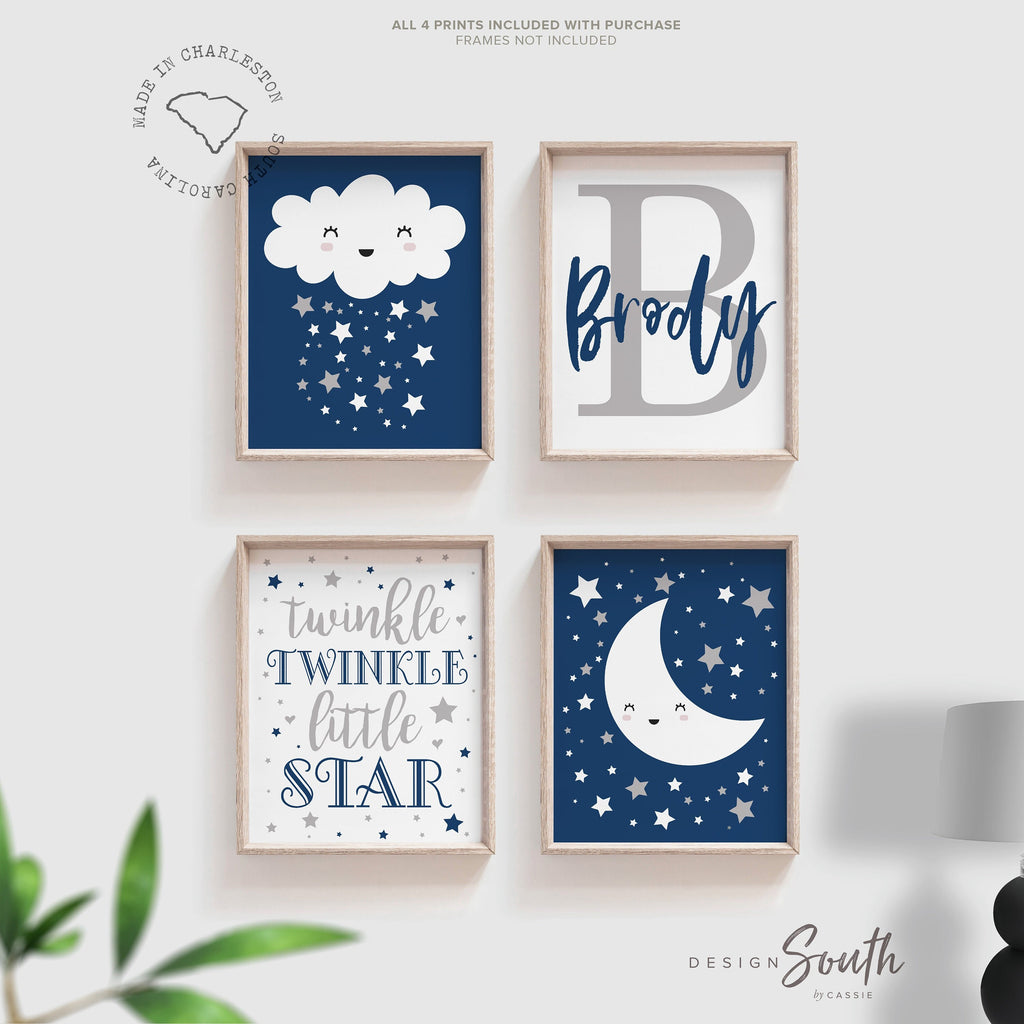 Navy blue and gray boys nursery wall art, moon star clouds, baby boy art, navy blue nursery decor, star nursery, baby boy nursery wall decor