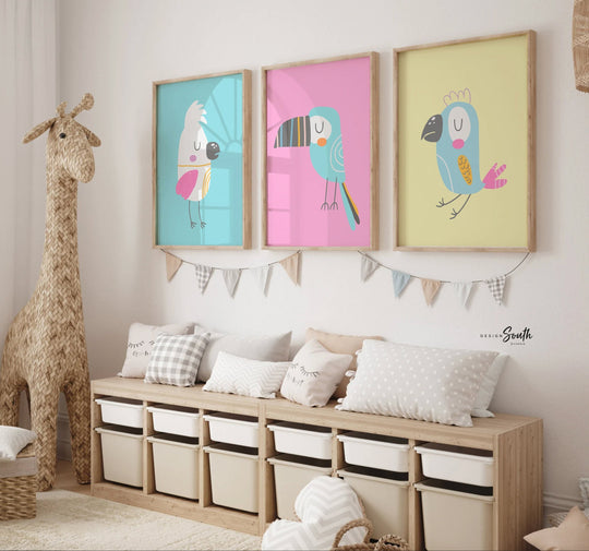 Pastel bird prints for nursery bedroom playroom, pastel tropical art, pastel kid art, baby tropical themed room, yellow blue pink pastel art
