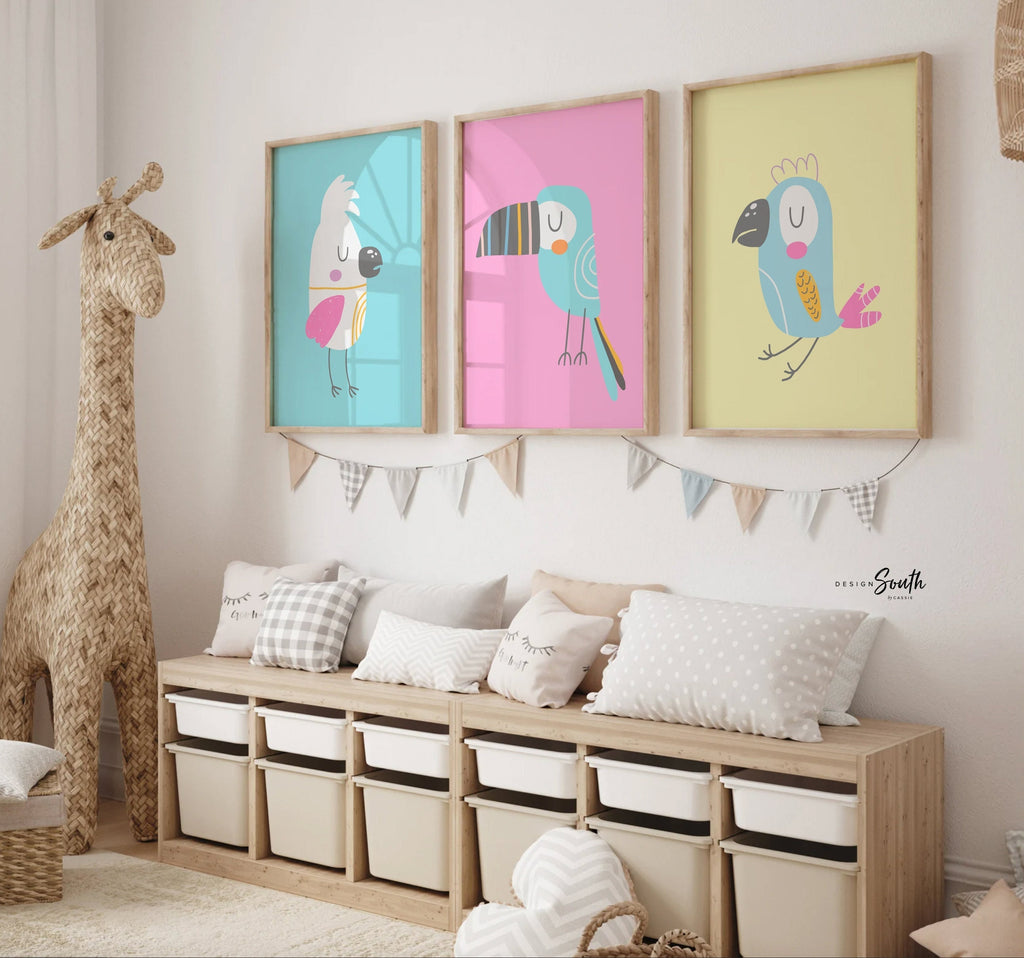 Pastel bird prints for nursery bedroom playroom, pastel tropical art, pastel kid art, baby tropical themed room, yellow blue pink pastel art