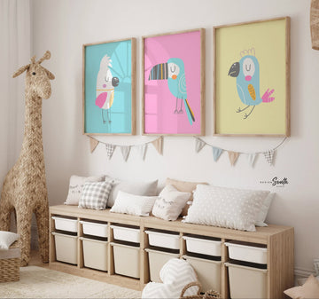 Pastel bird prints for nursery bedroom playroom, pastel tropical art, pastel kid art, baby tropical themed room, yellow blue pink pastel art