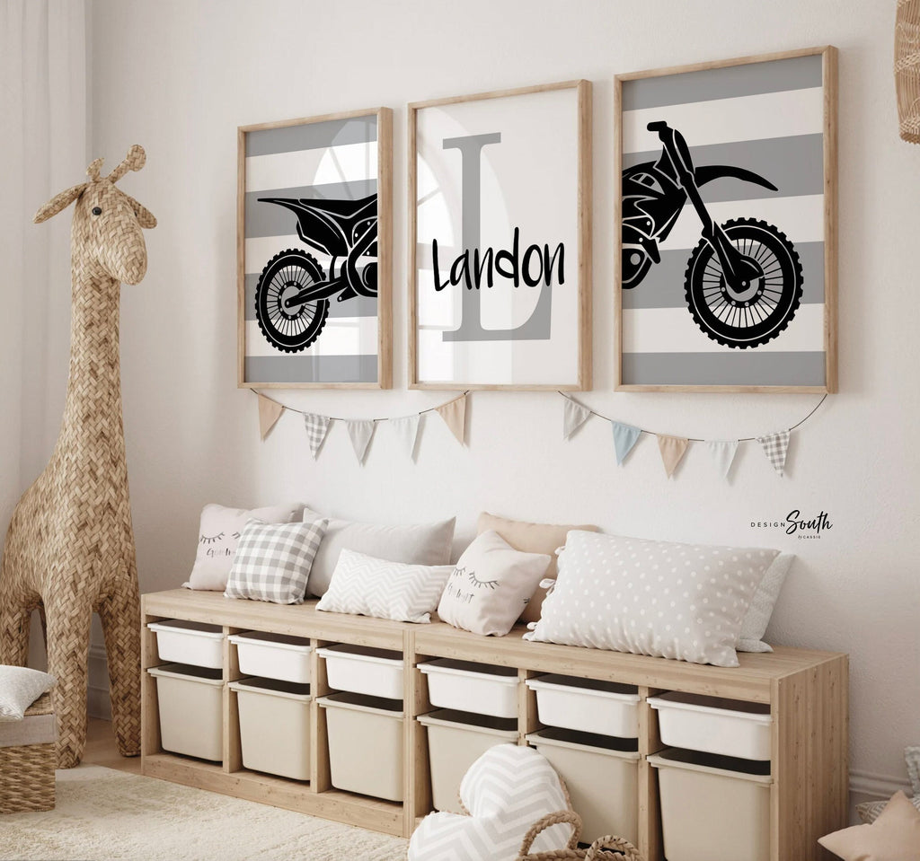 Dirt bike room decorating ideas, customized name motocross dirt bike wall art boys room, dirt bike theme bedroom playroom nursery, boys gift