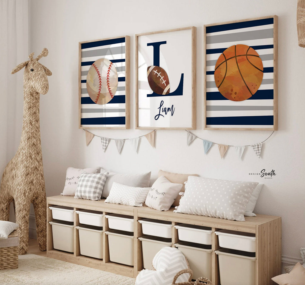 Stripes boys room decor, sports themed prints personalized, sports baby shower gift, navy blue and gray sports art print, sports baby room