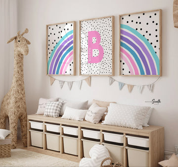 Baby girl nursery decor, purple teal aqua and pink prints for nursery, prints for little girls bedroom, playroom wall art set idea for girl