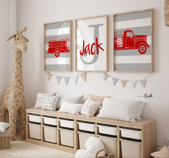 Red firetruck nursery decor, firefighter nursery art, firetruck kid art, firetruck theme, children firetruck wall art prints, personalized