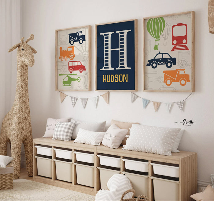 Boys transportation art, nursery wall decor, navy red green orange, custom name print, truck train helicopter plane, toddler room prints