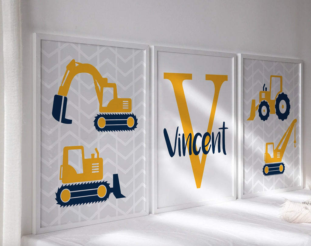 Navy blue yellow and gray construction room, big boy construction bedroom, construction theme gift for boy personalized name, boys playroom
