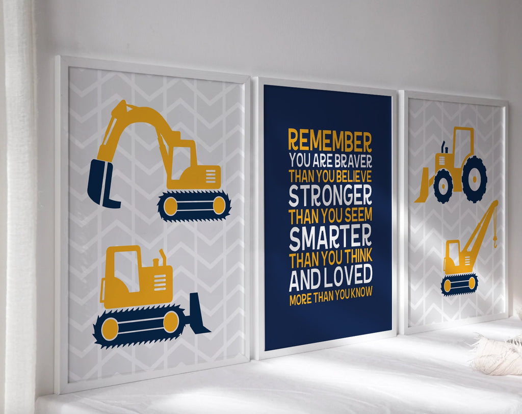 Tractors Trucks & Toys Theres Nothing Quite Like Little Boys, Remember You Are Braver, digger art print, construction trucks room wall decor