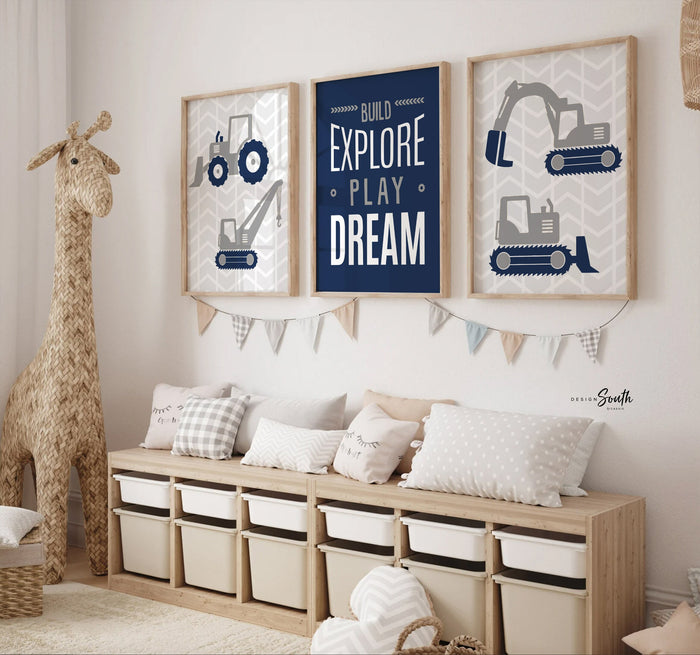 Blue gray construction bedroom theme, little boy construction decor, construction with quote abc's 123's boy's name, build explore prints