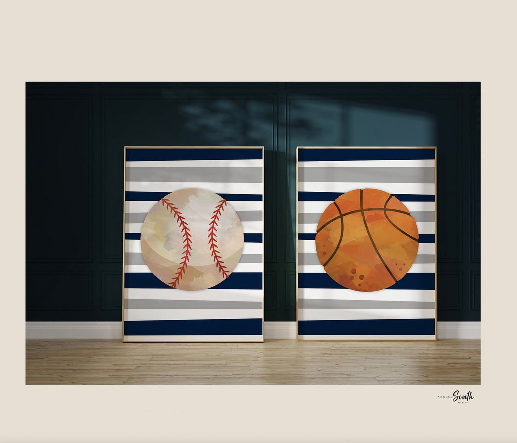 Sports room art, sports wall prints customized kids name, nursery decor sports theme, set of three above crib sports, boy bedroom sports art
