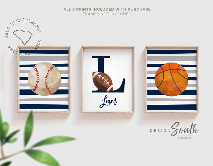 Stripes boys room decor, sports themed prints personalized, sports baby shower gift, navy blue and gray sports art print, sports baby room