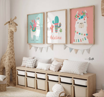 Llama themed girls bedroom, boho chic nursery art prints, llama alpaca accessories decorations, custom kids llama cactus gift personalized