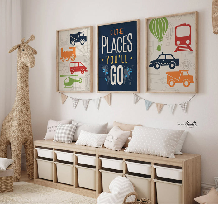 Boys transportation art, nursery wall decor, navy red green orange, custom name print, truck train helicopter plane, toddler room prints