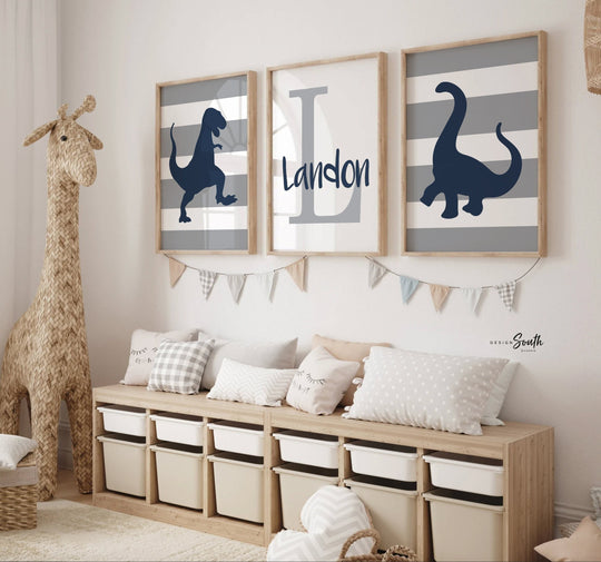 Navy dinosaur art boys name, decor baby boy wall art dinosaurs, dinosaur bedroom boys, personalized wall art for boy, navy blue and gray kid