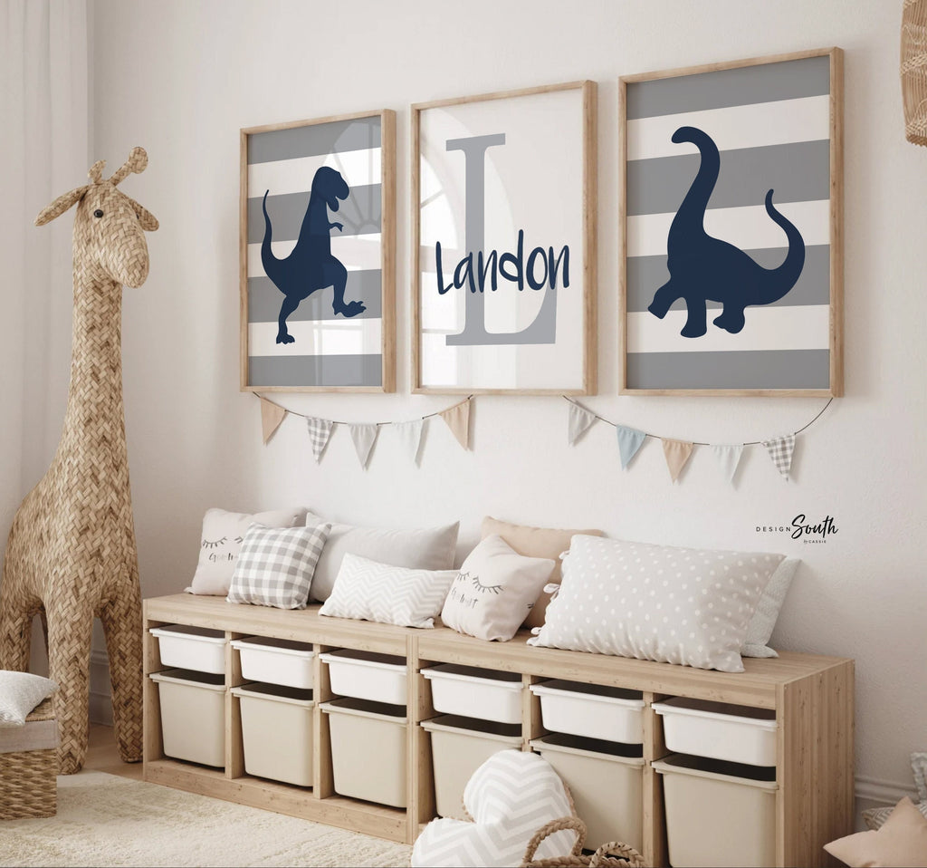 Navy dinosaur art boys name, decor baby boy wall art dinosaurs, dinosaur bedroom boys, personalized wall art for boy, navy blue and gray kid