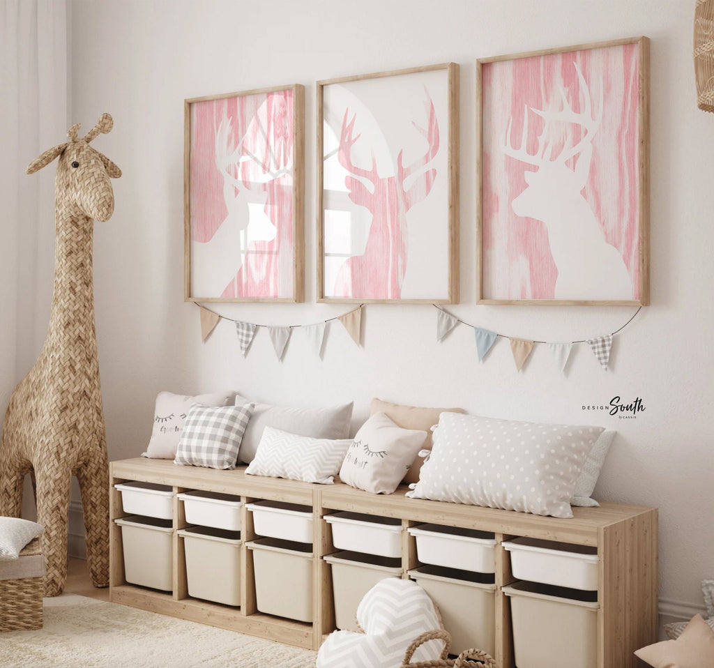Pink deer antler theme nursery, signs over the crib pink deer, trendy deer head art decor girl, pink buck deer woodland, girls hunting decor