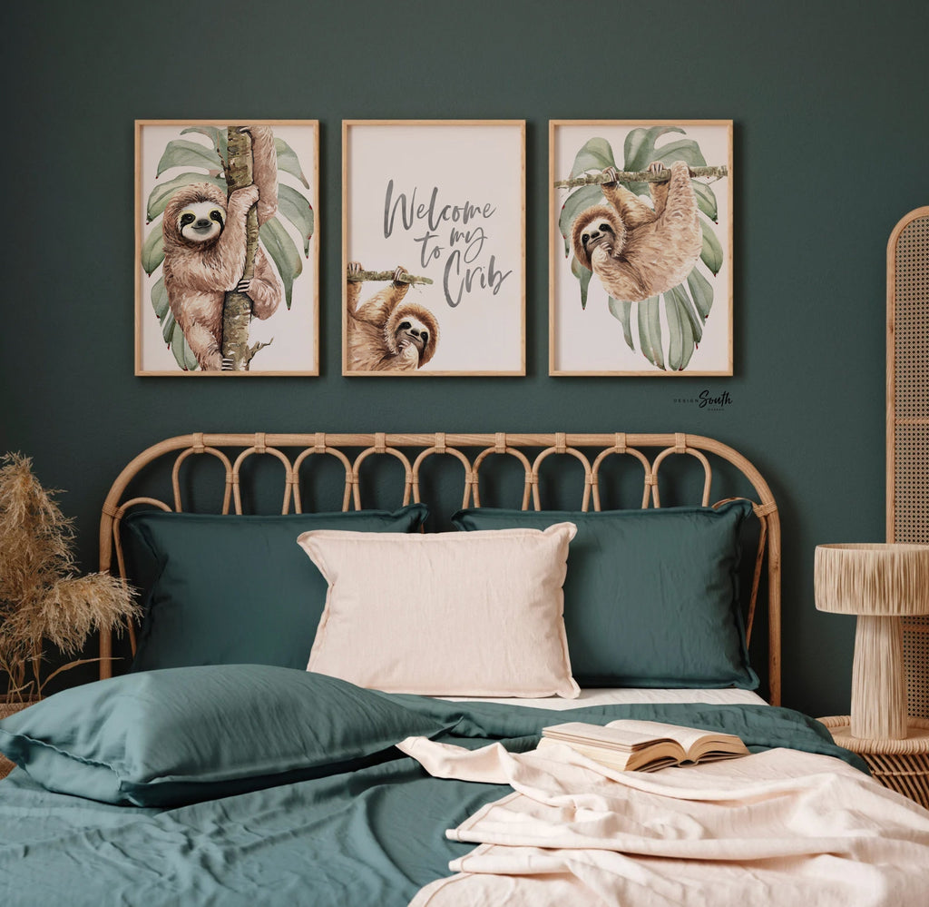 Sloth wall art set featuring adorable sloths, perfect for a sloth-themed baby nursery or toddler’s room. Includes tropical rainforest-inspired decor with green and gray neutral tones. Great for creating a relaxing, whimsical space. Ideal for newborns, infants, and toddlers, this sloth nursery art set complements modern baby room decor and brings a playful, cozy vibe. Perfect baby shower gift for animal lovers and jungle-themed nurseries.