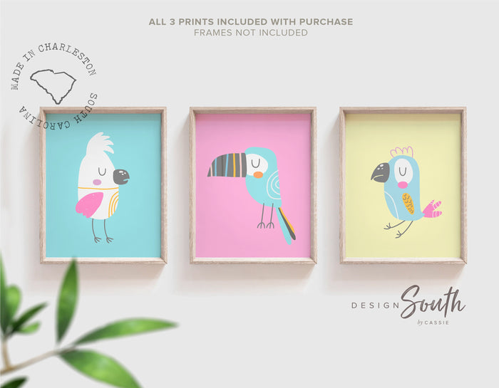 Pastel bird prints for nursery bedroom playroom, pastel tropical art, pastel kid art, baby tropical themed room, yellow blue pink pastel art