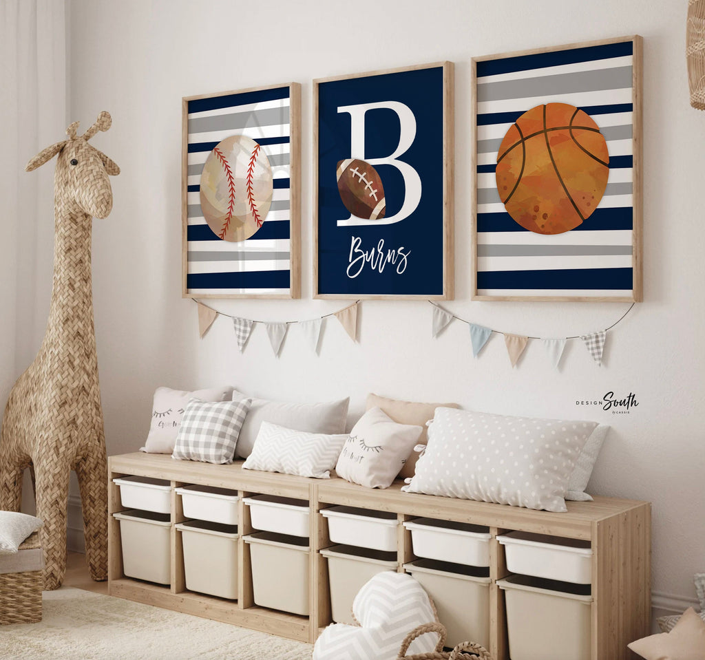 Sports room art, sports wall prints customized kids name, nursery decor sports theme, set of three above crib sports, boy bedroom sports art