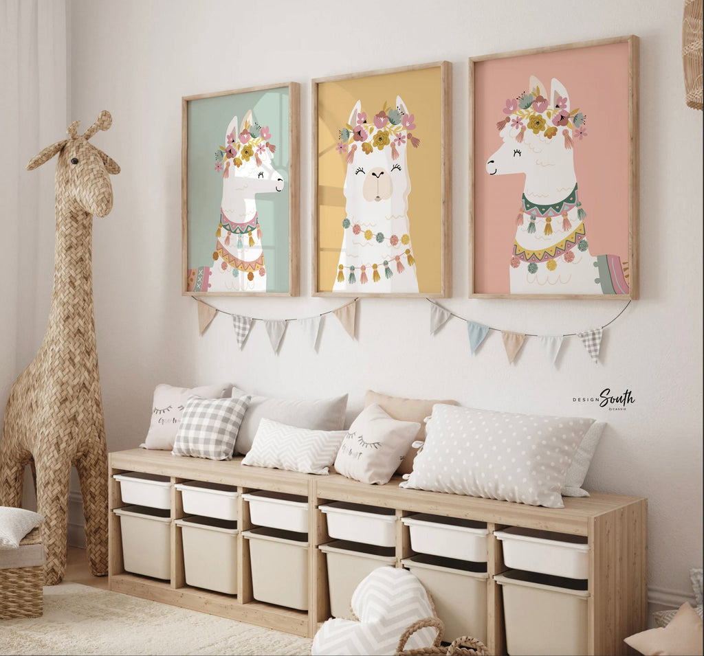 Neutral nursery soft boho colors baby room, elegant neutral girls wall art, modern boho baby decor llamas, nursery alpaca llama theme child