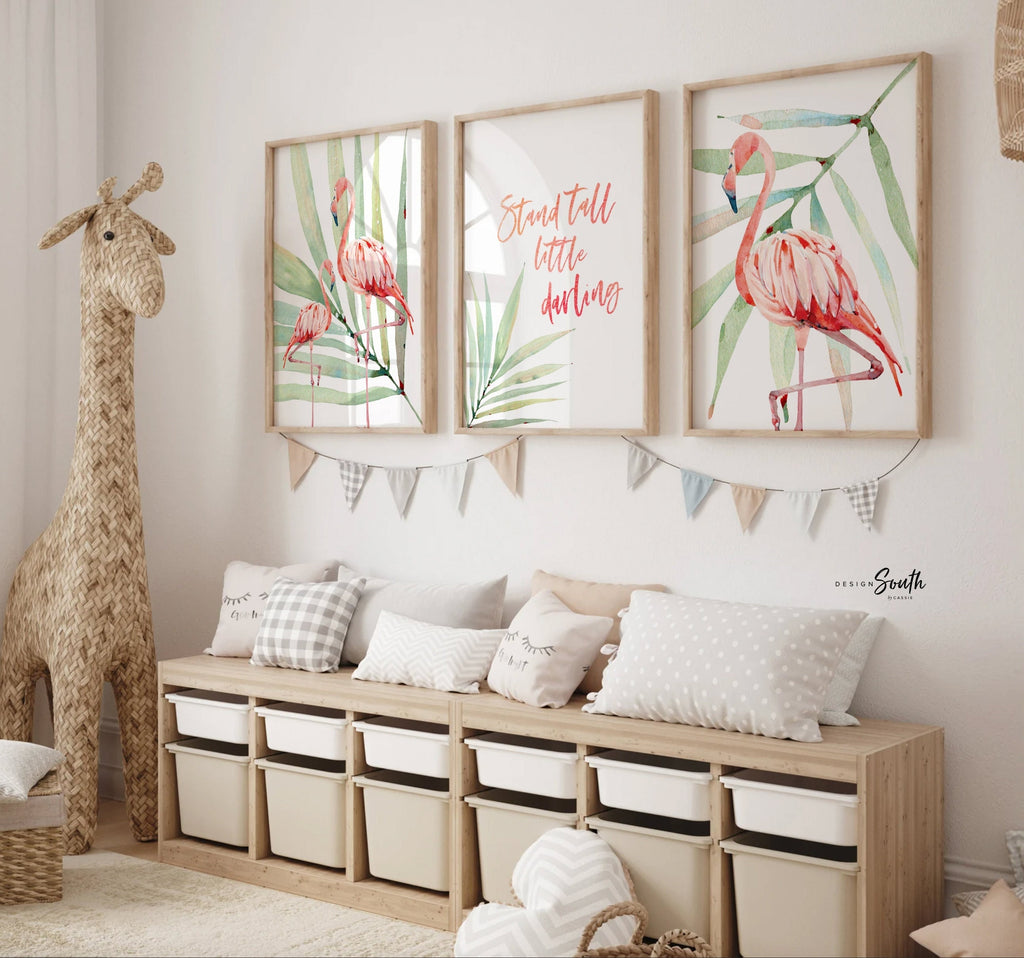 Stand tall little darling, tropical palm flamingo nursery, above crib tropical theme, flamingo art, newborn flamingo nursery pink and green