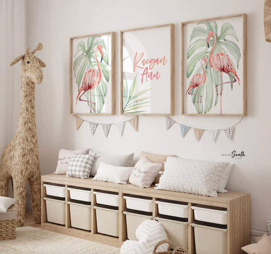 Flamingo print art set designed for tropical-themed nurseries, featuring pink and green tones perfect for hanging above a crib or in a baby girl’s room. This flamingo nursery decor adds a playful yet calming vibe, ideal for newborn spaces, beach-inspired nurseries, or baby shower gifts. The soft watercolor style and tropical elements make it a charming addition to any baby room decor, especially for those creating a flamingo or coastal-themed nursery.