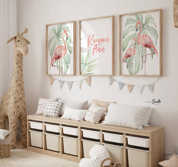 Flamingo print art set designed for tropical-themed nurseries, featuring pink and green tones perfect for hanging above a crib or in a baby girl’s room. This flamingo nursery decor adds a playful yet calming vibe, ideal for newborn spaces, beach-inspired nurseries, or baby shower gifts. The soft watercolor style and tropical elements make it a charming addition to any baby room decor, especially for those creating a flamingo or coastal-themed nursery.