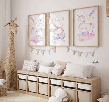 Unicorn nursery art, unicorn theme girls room, unicorn wall art baby girl, personalized unicorn poster print set, unicorn gift newborn girl