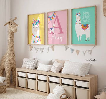 Pastel llama nursery art, little girls llama nursery bedroom, girls pink yellow teal room decor, baby girl personalized boho llama themed