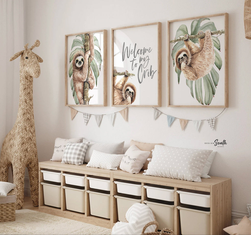 Sloth wall art set featuring adorable sloths, perfect for a sloth-themed baby nursery or toddler’s room. Includes tropical rainforest-inspired decor with green and gray neutral tones. Great for creating a relaxing, whimsical space. Ideal for newborns, infants, and toddlers, this sloth nursery art set complements modern baby room decor and brings a playful, cozy vibe. Perfect baby shower gift for animal lovers and jungle-themed nurseries.