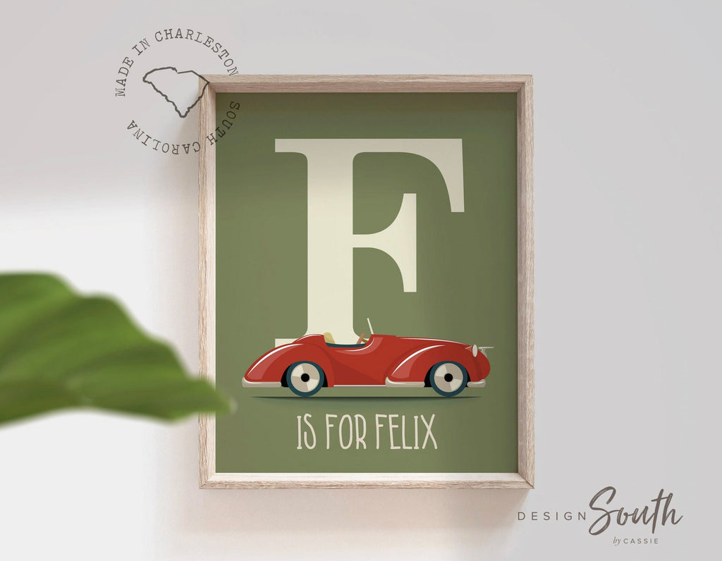 Red car kids room vintage retro sign, childs name transportation theme, decor little boy toddler, bathroom decor cars, old car art children