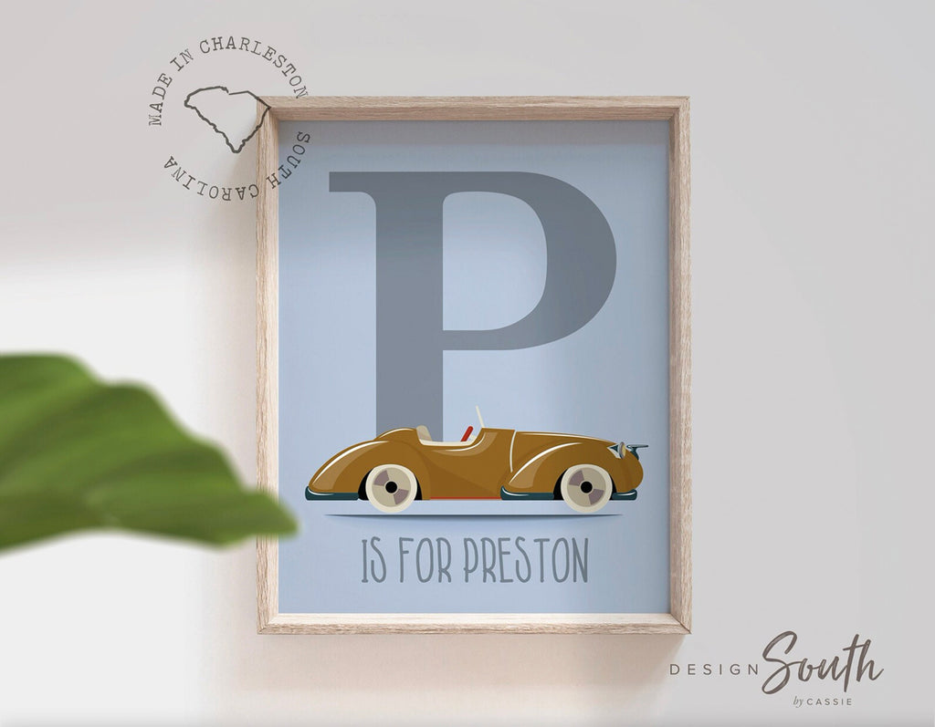 Boys personalized name initial car room, baby blue car boy decor, blue initial poster for boys, transportation themed boy bathroom kids name