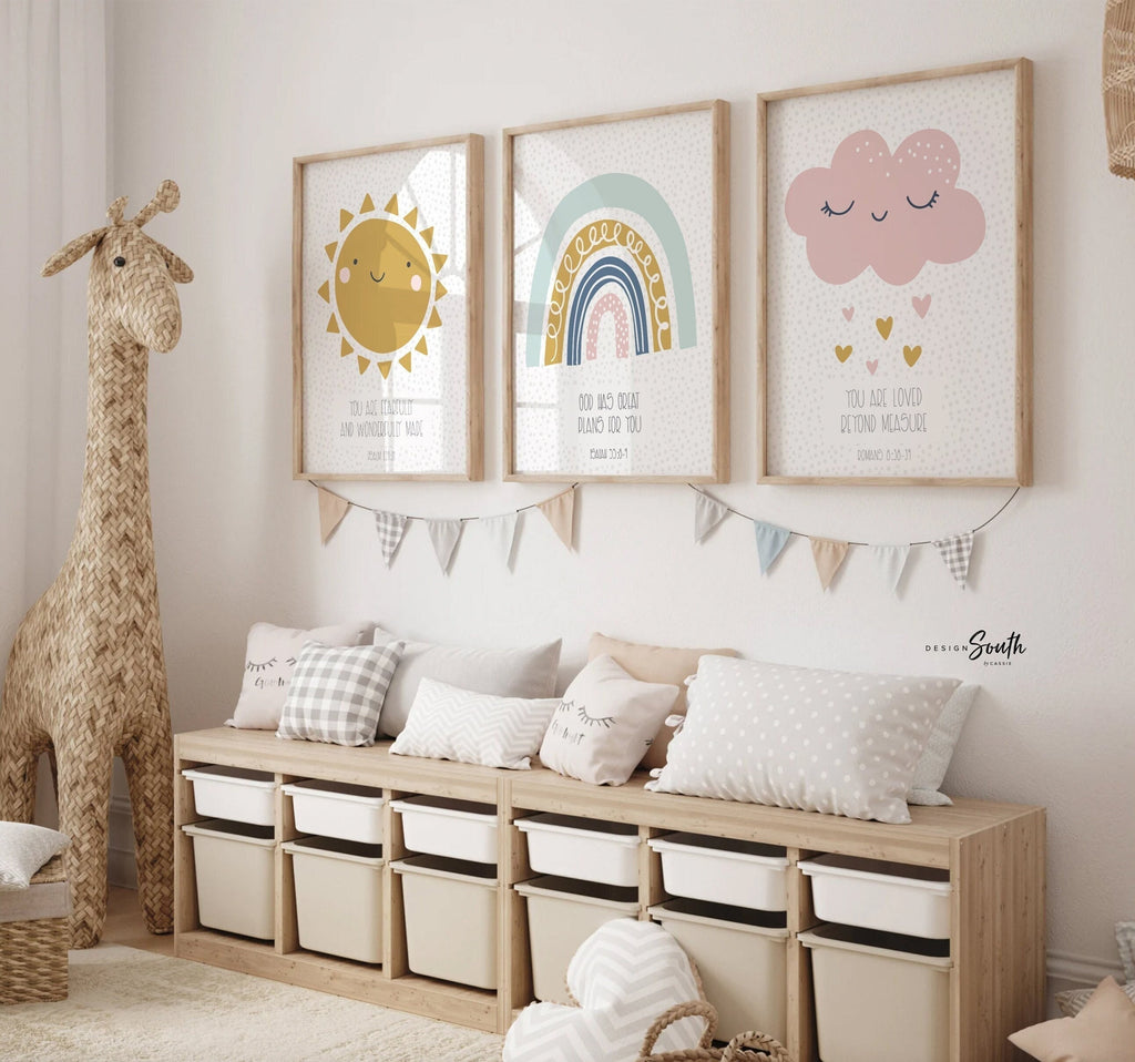 Christian nursery wall decor featuring inspirational Bible verse wall art, perfect for a baby’s nursery, child’s bedroom, or church nursery. These faith-based prints bring a spiritual and comforting presence to the space, offering uplifting scripture in a soft, kid-friendly design. Ideal for creating a peaceful, meaningful atmosphere rooted in Christian values, this wall art complements any religious-themed nursery or bedroom decor.