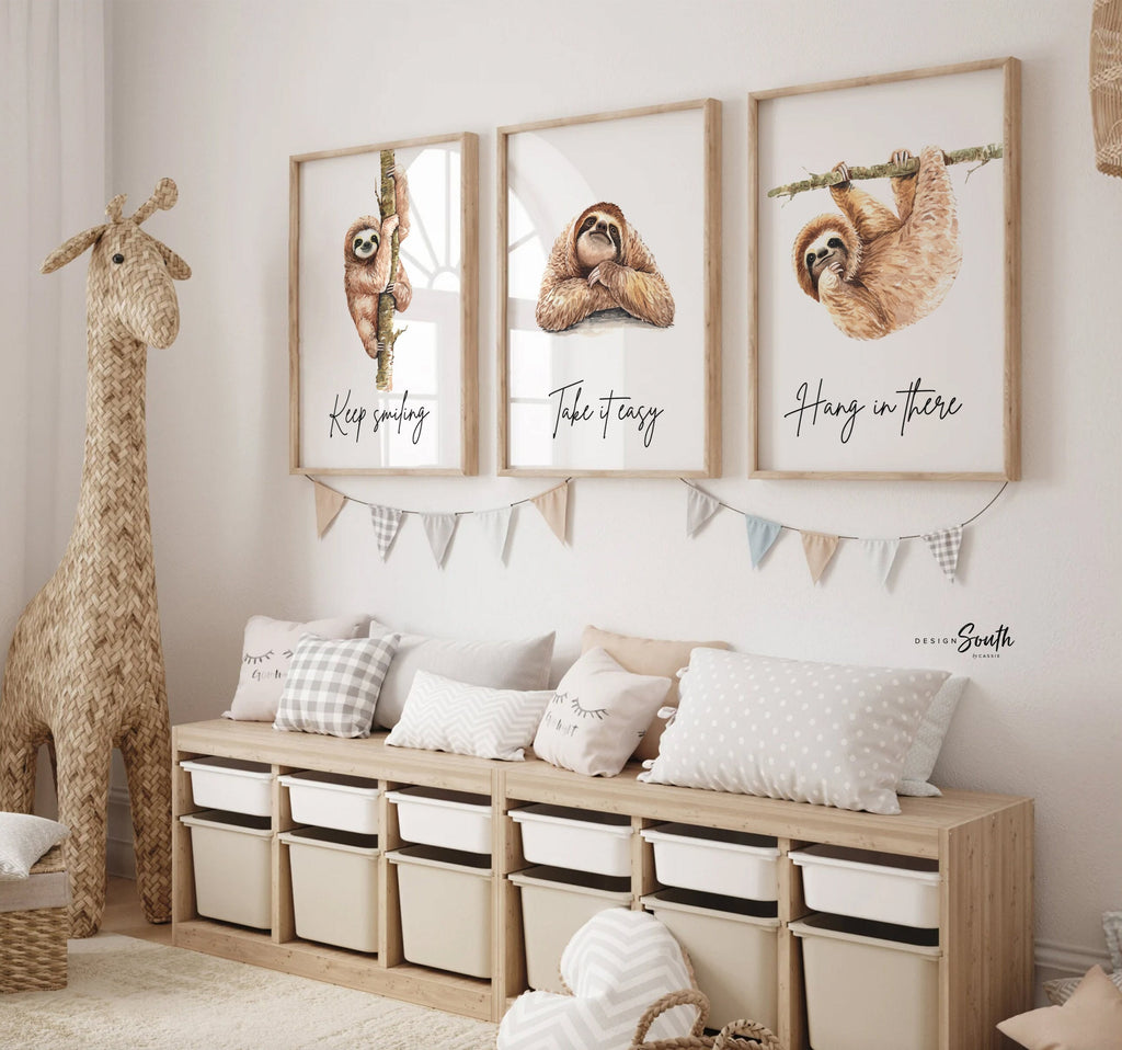 Sloth wall art, set of 3 sloths, sloth quotes art prints, sloth themed room, child sloth wall art, sloth bedroom decor, hanging sloth decor