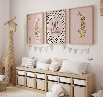 Baby cheetah print pink, dot speckle pattern nursery, modern nursery ideas girl, safari baby animal nursery pink girl, printed cheetah art