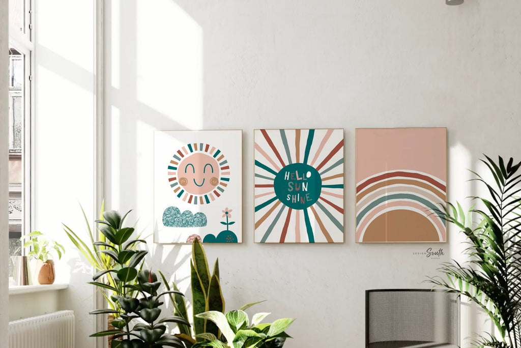 Hello sunshine baby art, teal nursery art, teal bedroom gender neutral kids art, gender neutral nursery beige teal, sun clouds rainbow kids